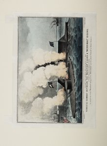 Combat terrible entre le Monitor deux canons et le Merrimac dix canons, vers 1862 - N. and Ives, J.M. Currier